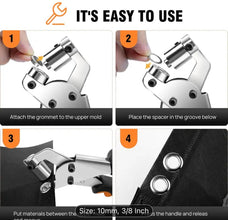 Instructions on how to use a grommet tool with text 'It's easy to use' above.