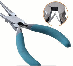 Pair of pliers with blue handles and a close-up inset showing the sharpness