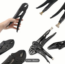 Black locking pliers with different attachments on a white background