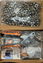 Box containing metal eyelets and a tool set