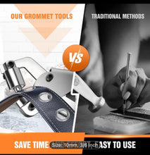 Comparison of grommet tool with traditional method on leather, labeled 'Our Grommet Tools vs Traditional Methods'.
