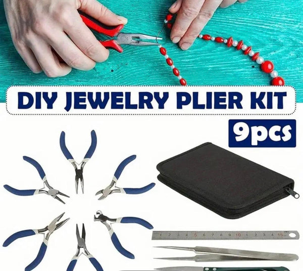 DIY jewelry plier kit with tools and a case on a blue background