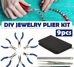 DIY jewelry plier kit with tools and a case on a blue background