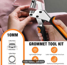 Grommet tool kit with hands using the tool on a plain background