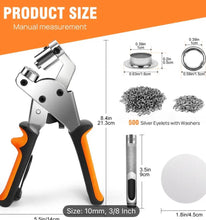 Pliers with measurement details on an orange and white background