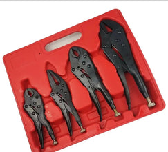 Set of black locking pliers on a red tray with a white background