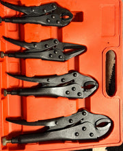 Set of black locking pliers on an orange tool case