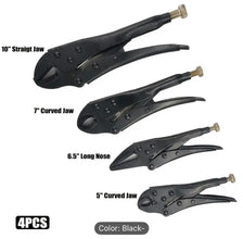 Set of five black locking pliers with varying jaw sizes on a white background.