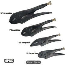 Set of four black locking pliers with different jaw lengths on a white background