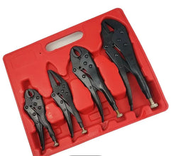 Set of four black pliers in a red tool box on a white background
