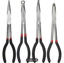 Set of four pairs of pliers with black handles and red accents on a white background