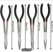 Set of four pairs of pliers with measurements and color label on a white background