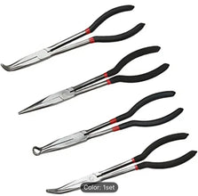 Set of four pairs of pliers with black handles on a white background