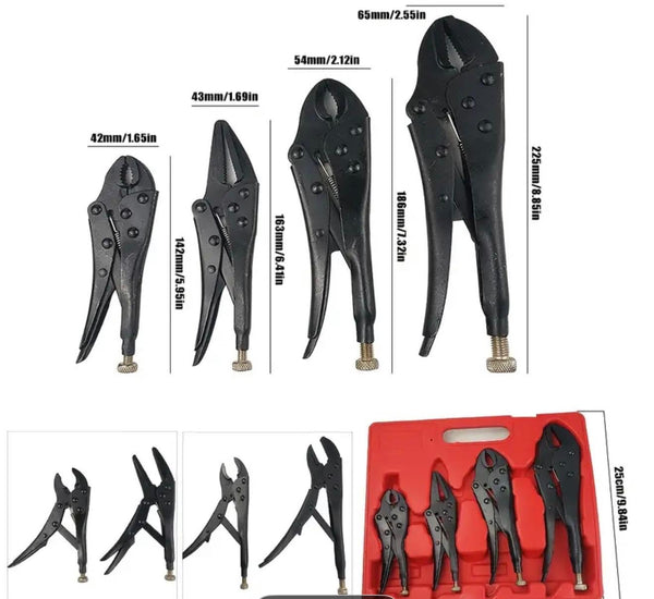 Set of locking pliers with measurements and a red carrying case on a white background