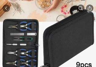 Set of pliers in a black case on a white surface with jewelry-making tools in the background.