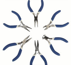 Set of six pairs of pliers with blue handles arranged in a circle on a white background