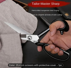 Sharp professional fabric scissors crafted for clean cuts on cloth, denim, leather, and other heavy materials.