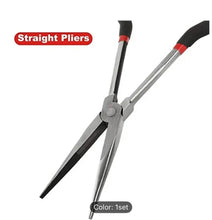 Straight pliers with black handles on a white background, labeled 'Straight Pliers'.